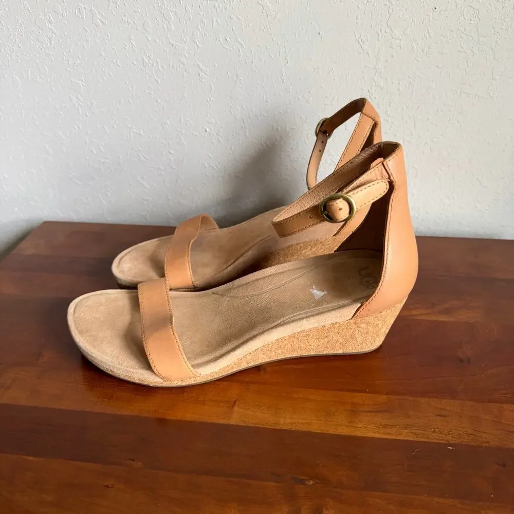 UGG Emilia Tan Leather Cork Wedge Strappy Sandal Womens 8 Coquette - Picture 2 of 5